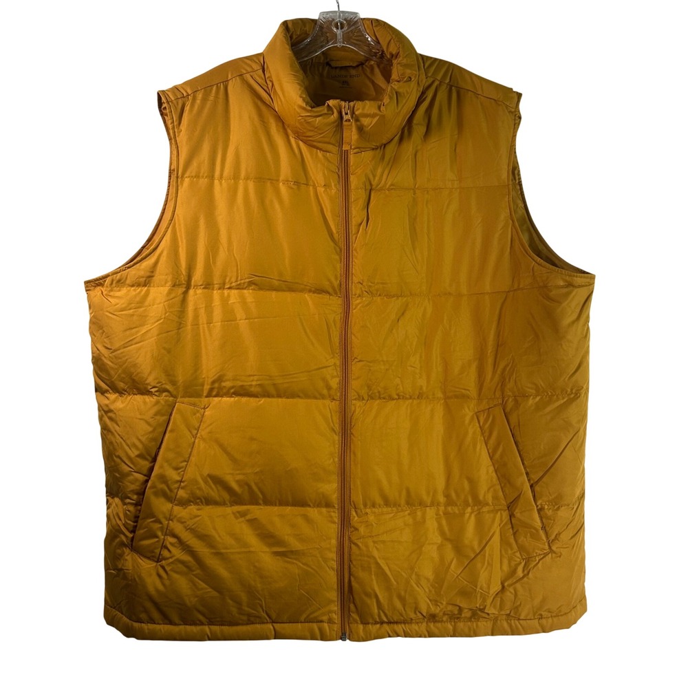 Lands End Mens XXL Mustard Yellow Down Puffer Vest Quilted Mock Neck Full Zip
